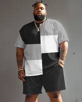Street Casual Black And White Gray Color Block Print Large Men's Set